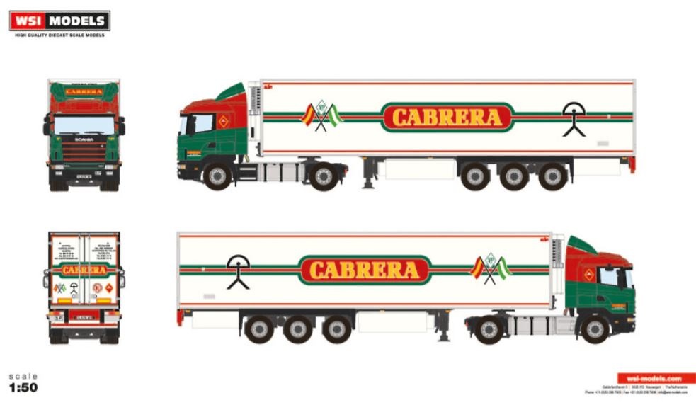 Modell Scania serie 4 + Kühlauflieger Cabrera Wsi Models 01-4324 Maßstab 1:50 