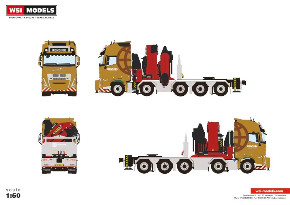 Modell Volvo fh5 globetrotter xl 10x4 + Palfinger PK165.002 tec 7 + JIB Rensink Wsi Models 01-4358 Masstab 1/50 