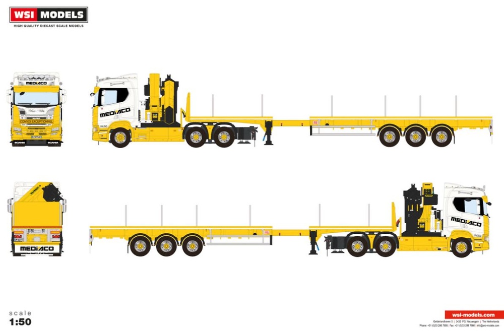 Scania R Normal CR20N 6x4 + 3-Achs-Sattelauflieger Mediaco Wsi Models 01-4754 Maßstab 1:50 