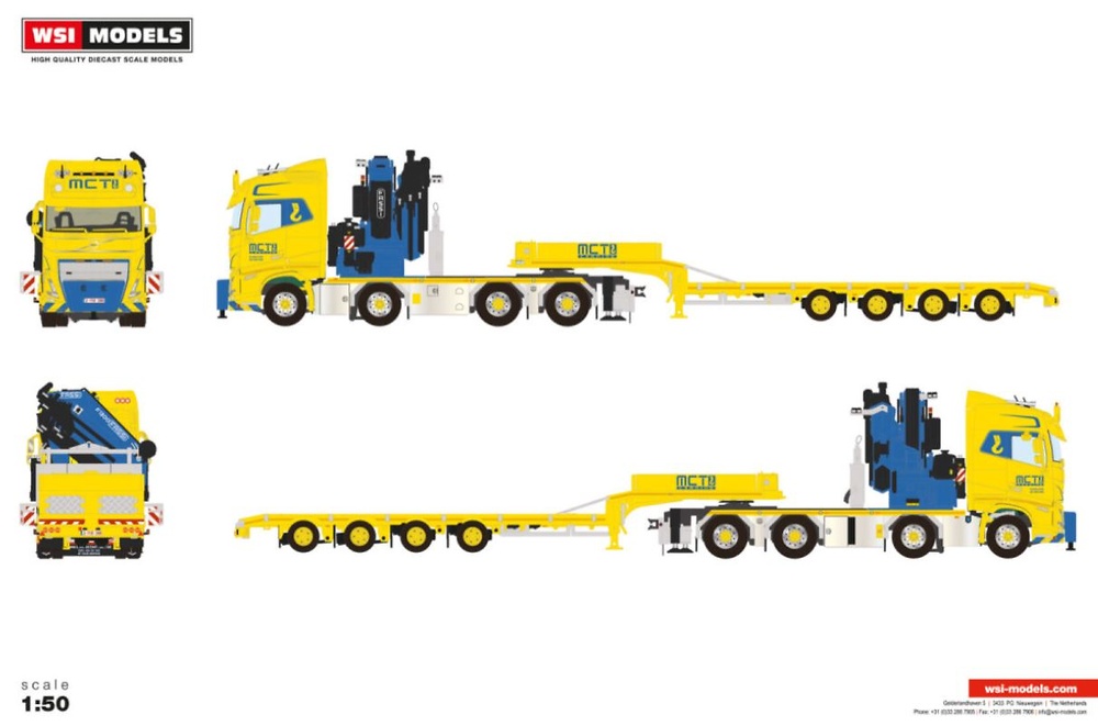 Volvo FH5 Globetrotter + Tiefladerauflieger mit Rampen + Fass 1300 + Jib MCT Craning Wsi Models 01-4862 Maßstab 1:50 