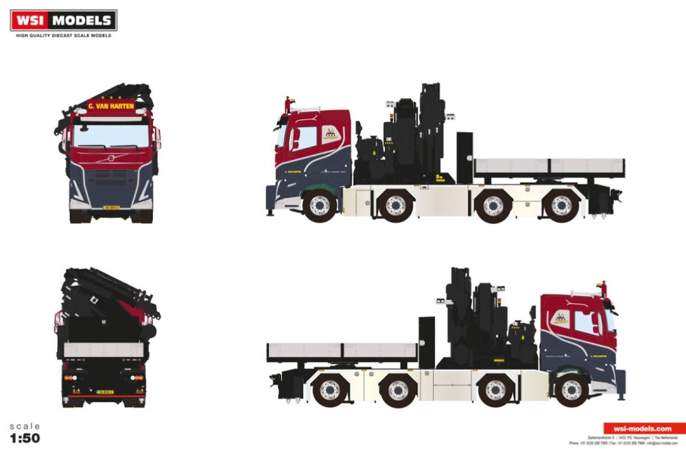 Volvo FH5 Sleeper 8x2 + Fassi-Kran 1300 + Jib Ballast Box G. Van Harten Wsi 01-4715 Maßstab 1:50 