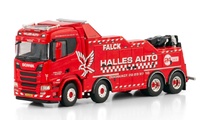 Modell Scania R normal CR20N 8x4 Falkom Pannenhilfe Halles Auto, Wsi Models 01-4260 Maßstab 1/50