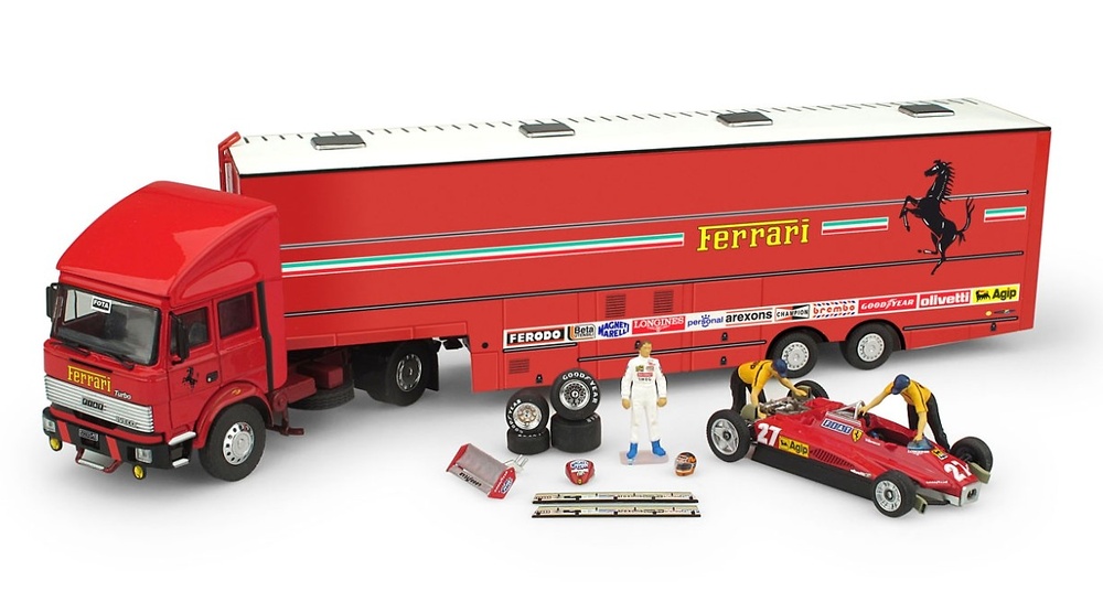 Race Transporter Set Fiat Iveco 190 Turbo + Ferrari 126C2 #27 F1 1982 Brumm TS05 1:43 