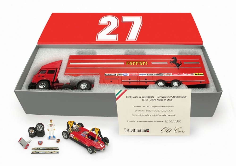 Race Transporter Set Fiat Iveco 190 Turbo + Ferrari 126C2 #27 F1 1982 Brumm TS05 1:43 