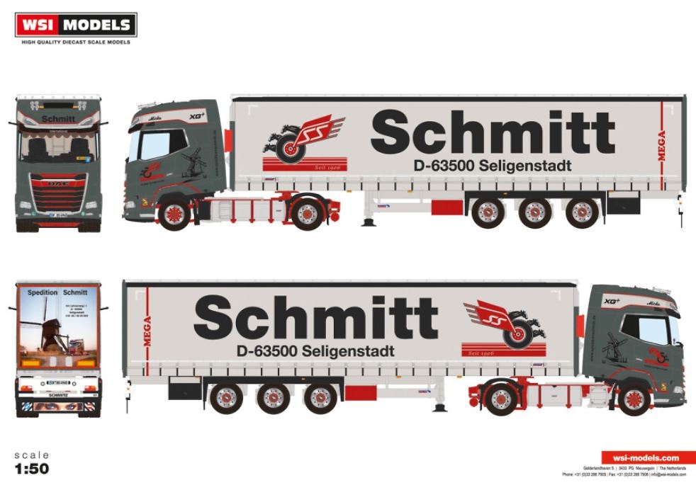 Scale model DAF XG+ 4x2 + 3-axle trailer Schmitt Wsi Models 01-4370 scale 1/50 