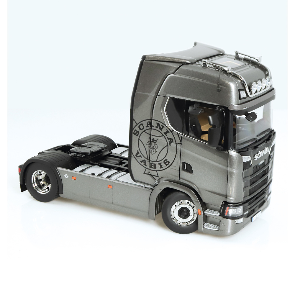 Miniatura camion Scania V8 730S 4x2 gris con logo Vabis Nzg Modelle 1019/55 escala 1/18 