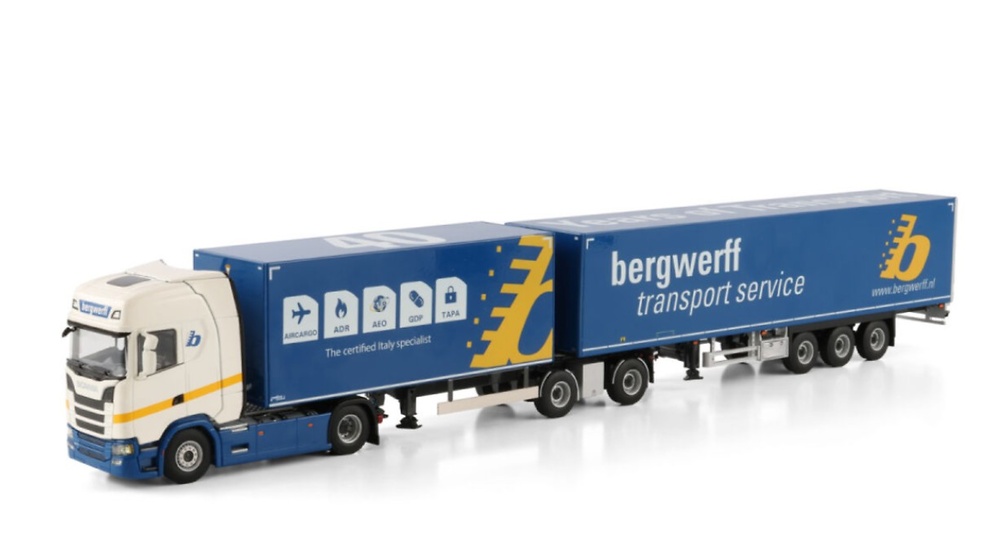 Scania S Highline Box Trailer + semirremolque - tren de carretera Bergwerff Transport Wsi Models 01-4792 escala 1/50 