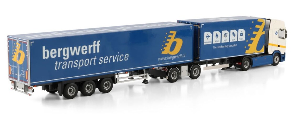 Scania S Highline Box Trailer + semirremolque - tren de carretera Bergwerff Transport Wsi Models 01-4792 escala 1/50 