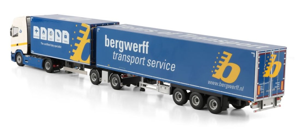 Scania S Highline Box Trailer + semirremolque - tren de carretera Bergwerff Transport Wsi Models 01-4792 escala 1/50 