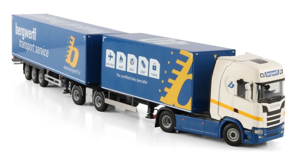 Scania S Highline Box Trailer + semirremolque - tren de carretera Bergwerff Transport Wsi Models 01-4792 escala 1/50 