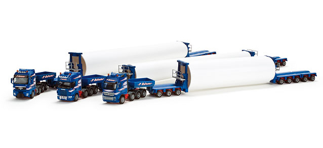 Set de 3 transportes especiales con carga de una torre de molino de viento, Herpa 1/87 