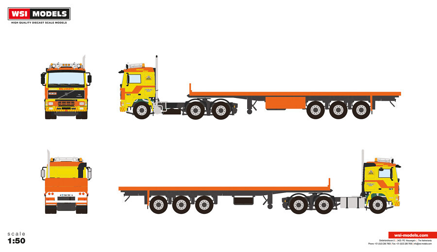 Volvo F12 6X4 Clásico Remolque plano 3 ejes Silvasti Wsi escala 1/50 